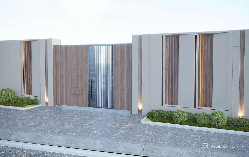 Modern Garden Landscape With Wooden Glass Gate Stone Pavement Green Shrubs And Outdoor Lighting 3d model 