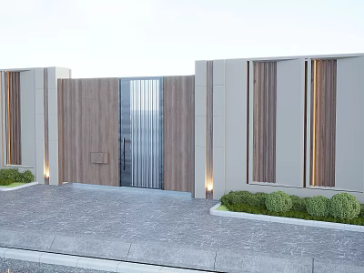 Modern Garden Landscape With Wooden Glass Gate Stone Pavement Green Shrubs And Outdoor Lighting 3d model