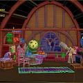 Indoor Scene With Arched Wooden Ceiling Stained Glass Window Moon Decoration Bookshelf Telescope Purple Rug