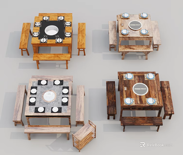 Natural Wooden Dining Table Set With Matching Benches And Round Turntable 3d model 