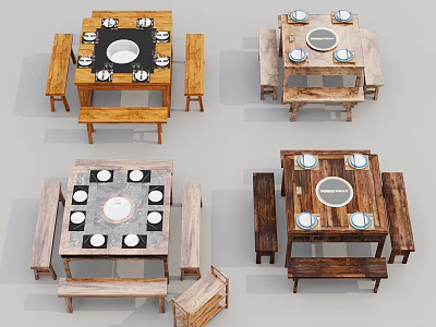 Natural Wooden Dining Table Set With Matching Benches And Round Turntable 3d model