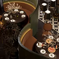 Elegant Restaurant Dining Area With Round Tables Pizza Tableware Curved Booths And Decorative Plants