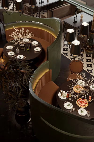 Elegant Restaurant Dining Area With Round Tables Pizza Tableware Curved Booths And Decorative Plants 3d model