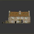 Wooden House With Orange Roof Stone Walls Two Chimneys Sandy Ground And Wooden Cart