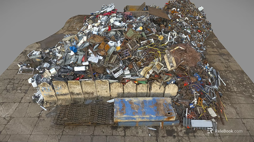 Pile of Mixed Waste Metal Scraps Plastic Paper Near Stone Wall With Blue Plate Grid 3d model 