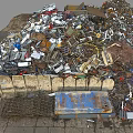 Pile of Mixed Waste Metal Scraps Plastic Paper Near Stone Wall With Blue Plate Grid