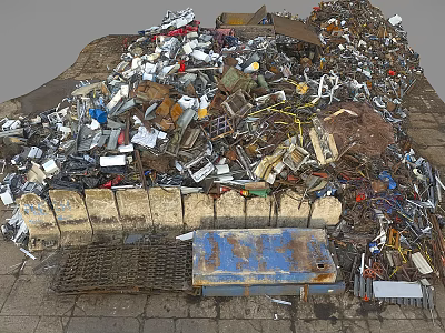 Pile of Mixed Waste Metal Scraps Plastic Paper Near Stone Wall With Blue Plate Grid 3d model