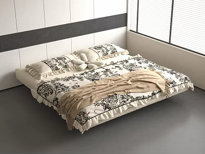 Modern Double Bed with Floral Bedding Beige Blanket and Window Blinds 3d model