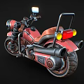 Vintage Red 3D Model Motorcycle with Yellow Headlight Brown Leather Seat and Large Tires