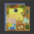 Cartoon Style Cozy Room With Blue Walls Yellow Curtains Decorative Posters Sofa And Potted Plants