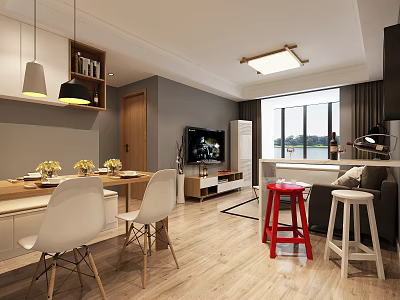 Modern Restaurant Interior With Dining Table Chairs Pendant Lights TV Windows Red White Bar Stools 3d model