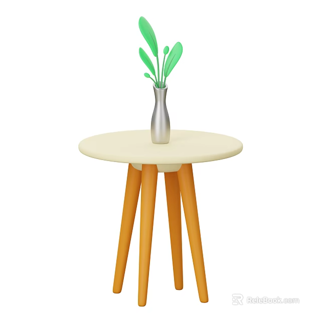 Light Colored Round Coffee Table With Orange Legs And Silver Vase With Green Leaves 3d model 