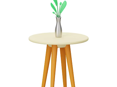 Light Colored Round Coffee Table With Orange Legs And Silver Vase With Green Leaves 3d model