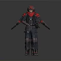 Three Tactical Soldiers In Black Armored Suits With Red Scarves And Helmets
