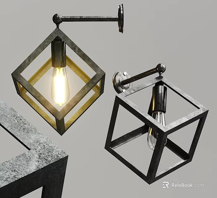 Industrial Style Square Frame Wall Lamp With Exposed Illuminated Metal Bulb Design 3d model 