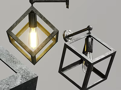 Industrial Style Square Frame Wall Lamp With Exposed Illuminated Metal Bulb Design 3d model