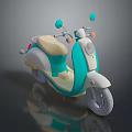 Stylish Teal and Cream Scooter with Beige Seat on Black Smooth Surface and Reflection