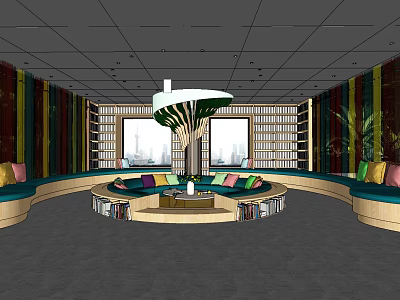 Kindergarten Activity Area With Circular Sofa Colorful Cushions Bookshelves Tree Shaped Chandelier And Large Windows 3d model