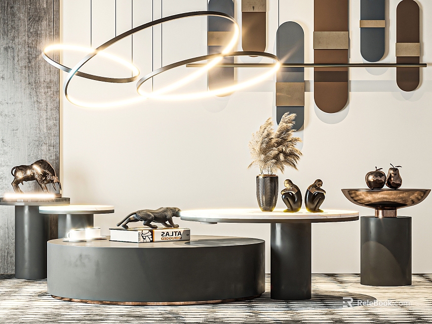 Modern Round Coffee Table With Marble Top Metal Legs And Decorative Sculptures 3d model 