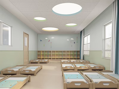 Kindergarten Naptime Room With Small Beds Wooden Bookshelves Circular Ceiling Lights And Curtained Windows 3d model