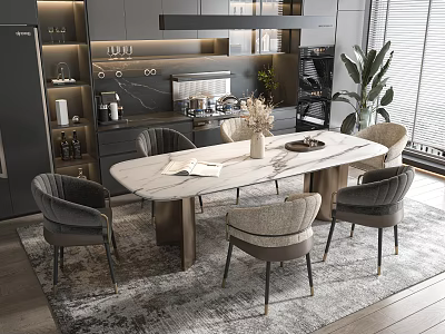 Dining Table Set with Oval Marble Top Six Gray Chairs Metal Legs in Modern Kitchen 3d model