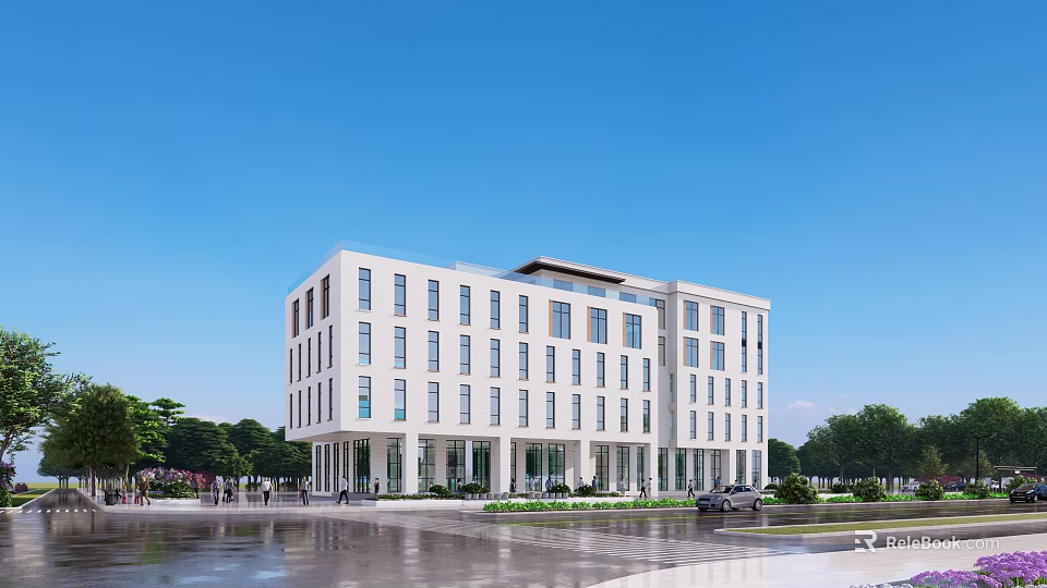 Modern White Multi Storey Office Building With Glass Curtain Walls Front Road Trees And Sidewalk 3d model 
