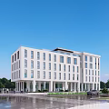 Modern White Multi Storey Office Building With Glass Curtain Walls Front Road Trees And Sidewalk