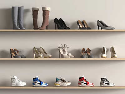 Various Shoes Including Boots High Heels Sneakers And Sandals Displayed On Shelves 3d model
