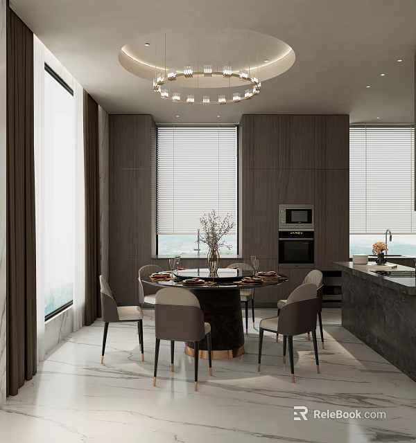 Modern Restaurant Interior With Round Dining Table Chairs Chandelier Wooden Walls And Window Blinds 3d model 
