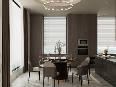 Modern Restaurant Interior With Round Dining Table Chairs Chandelier Wooden Walls And Window Blinds 3d model