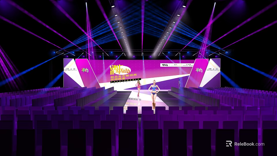 Fashion Show Stage with Bright Lights and Model Walking on Runway 3d model 