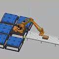 Industrial Equipment Robotic Arm With Conveyor Belt Handling Packages On Blue Pallets