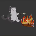 Gray Cat Holding Stick With Marshmallow Roasting Over Campfire Flames And Logs On Dark Background