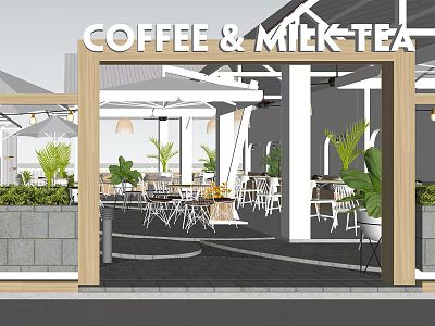 Café Serving Coffee and Milk Tea with Outdoor Seating Green Plants and Umbrellas 3d model