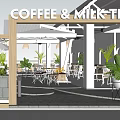 Café Serving Coffee and Milk Tea with Outdoor Seating Green Plants and Umbrellas