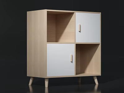 Modern Wooden Cabinet With Light Wood Finish White Doors Open Shelves And Legs 3d model