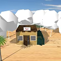 Small Shop Building With Yellow Exterior Wooden Door Green Trees In Open Sandy Area