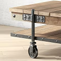 Industrial Wooden Table with Metal Frame Wheels and Lower Storage Shelf