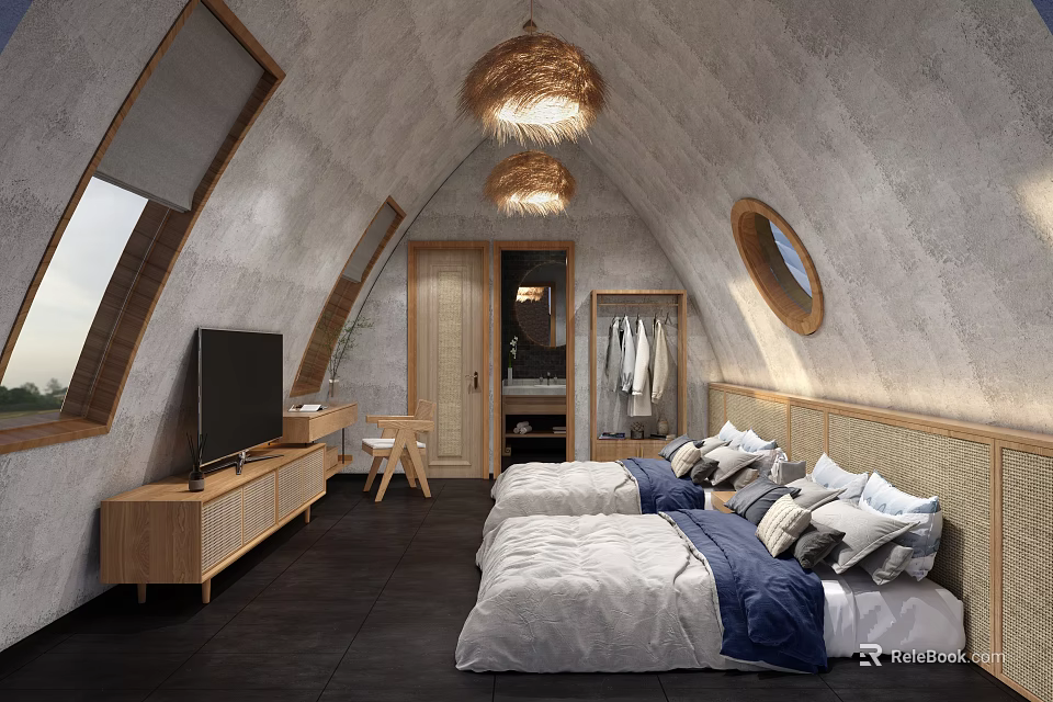 Cozy Attic Bedroom With Two Beds Blue White Bedding Rattan Pendant Lights 3d model 