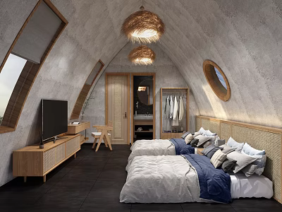 Cozy Attic Bedroom With Two Beds Blue White Bedding Rattan Pendant Lights 3d model