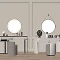 Modern Dressing Tables With Round Oval Mirrors Beige Stools Paneled Walls Wooden Floor