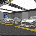 Car 4S Dealership Showroom Displaying Three White Sports Cars And Ceiling Lighting