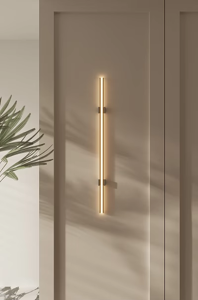 Modern Elongated Wall Light With Warm LED Glow Beside Green Leaf Plant In Home 3d model