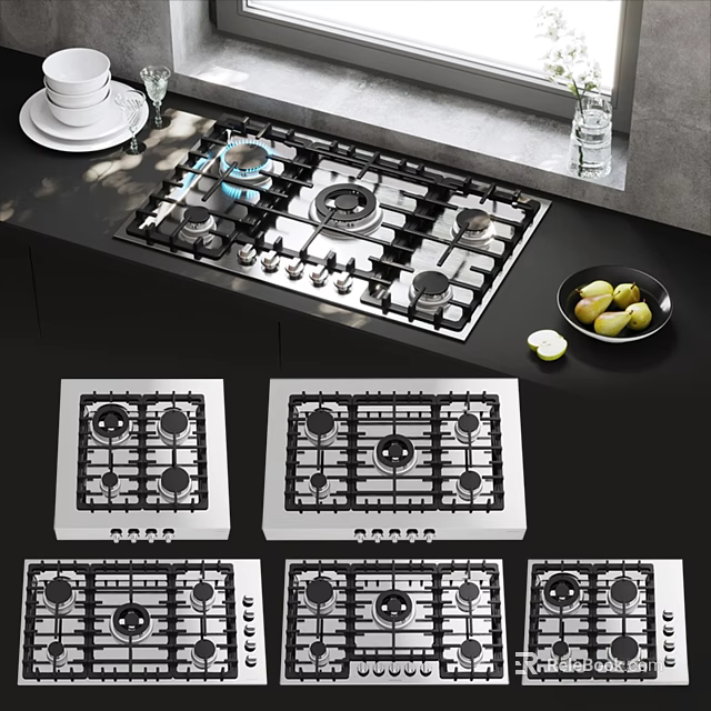 Stainless Steel Gas Cooktop With Multiple Burners In Modern Kitchen Setup 3d model 
