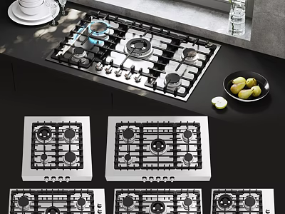 Stainless Steel Gas Cooktop With Multiple Burners In Modern Kitchen Setup 3d model