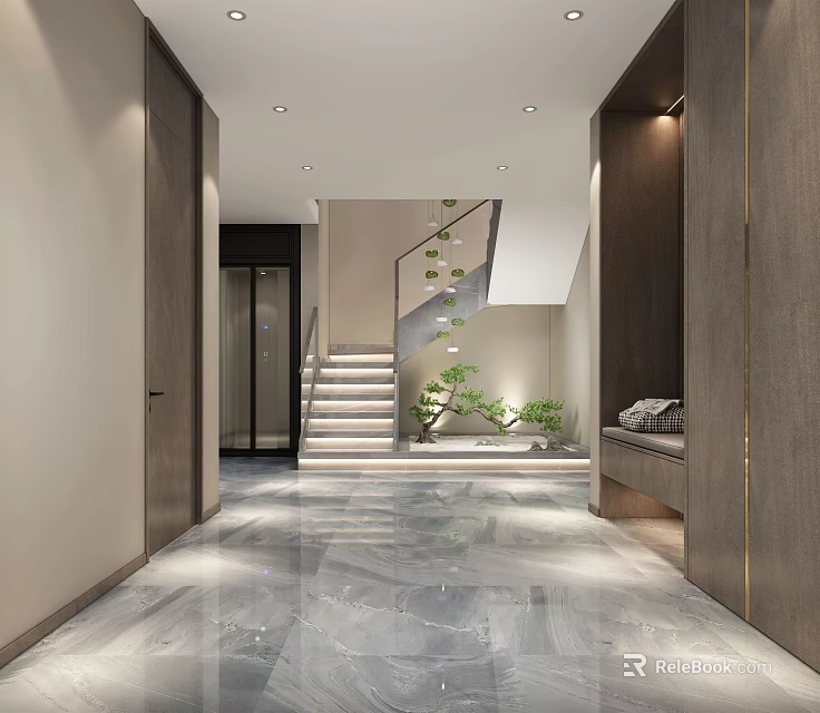 Modern Entryway Hallway Interior Design With Marble Floor Staircase Plants And Cabinets 3d model 