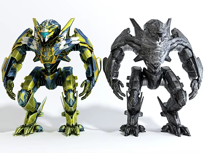 Smart Robot Machines With Green Blue And Gray Mechanical Action Figure Designs 3d model