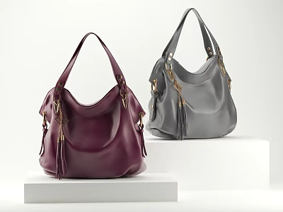 Stylish Leather Handbags in Purple and Gray with Tassel Details on White Display Platforms 3d model