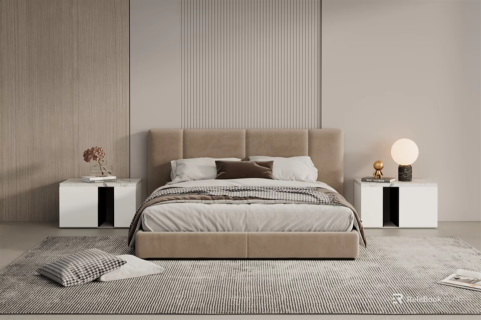 Modern Double Bed Featuring Beige Upholstered Headboard White Nightstands Table Lamp and Grey Rug 3d model 