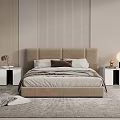 Modern Double Bed Featuring Beige Upholstered Headboard White Nightstands Table Lamp and Grey Rug
